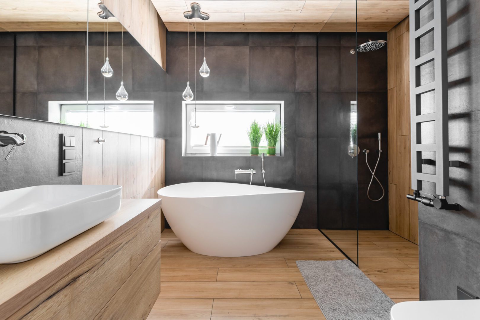Stylish,Bathroom,With,Wooden,And,Concrete,Walls,And,White,Bath