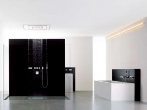 Large black and white shower in bathroom